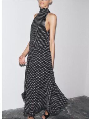 Zara Black Polka Dot High-Neck Maxi Dress XS